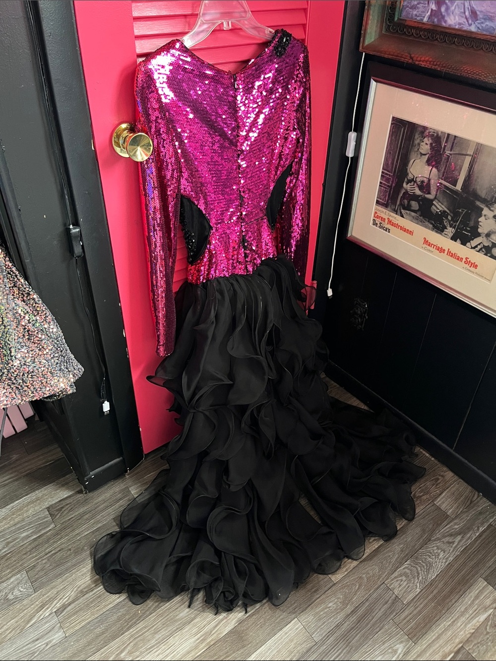 Mori Lee Fuchsia Sequin Bodice Black Ruffled Prom Dress
